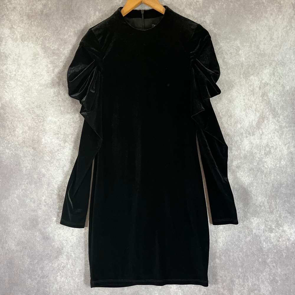 Black Halo‎ Velvet Mini Dress Womens 6 Black Long Sleeve Puff Shoulder 2722190